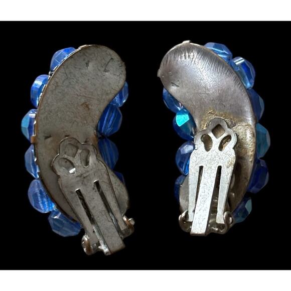 Blue Glass AB Crystal Wired Bead Clip On Climber Earrings Vintage Mid Century - Picture 3 of 5